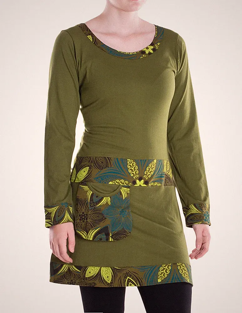 Vishes A-Linie Kleid Baumwolle Floral Muster mit Taschen Casual Freizeit