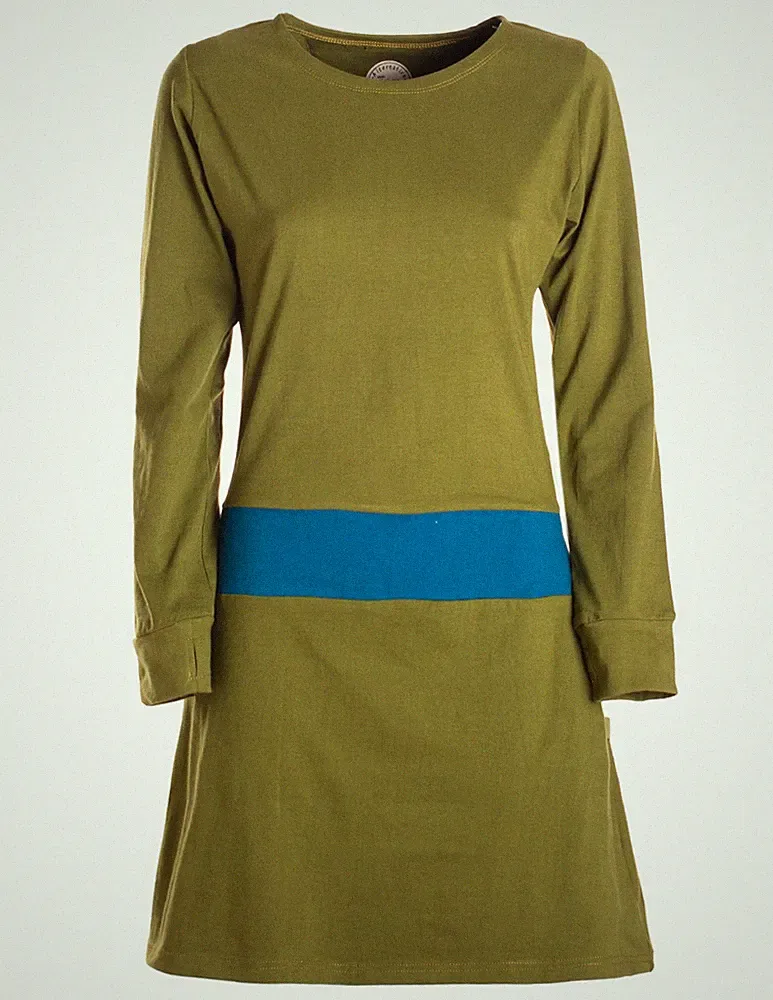 Vishes Damen A-Linie Kleid Baumwolle Casual Rundhalsausschnitt Daumenlöcher