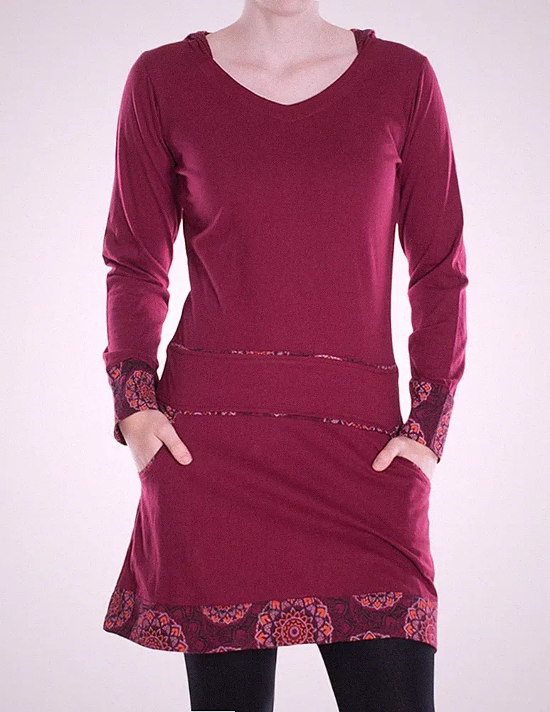 Vishes Damen Kleid Baumwolle A-Linie V-Ausschnitt Langarm mit Taschen