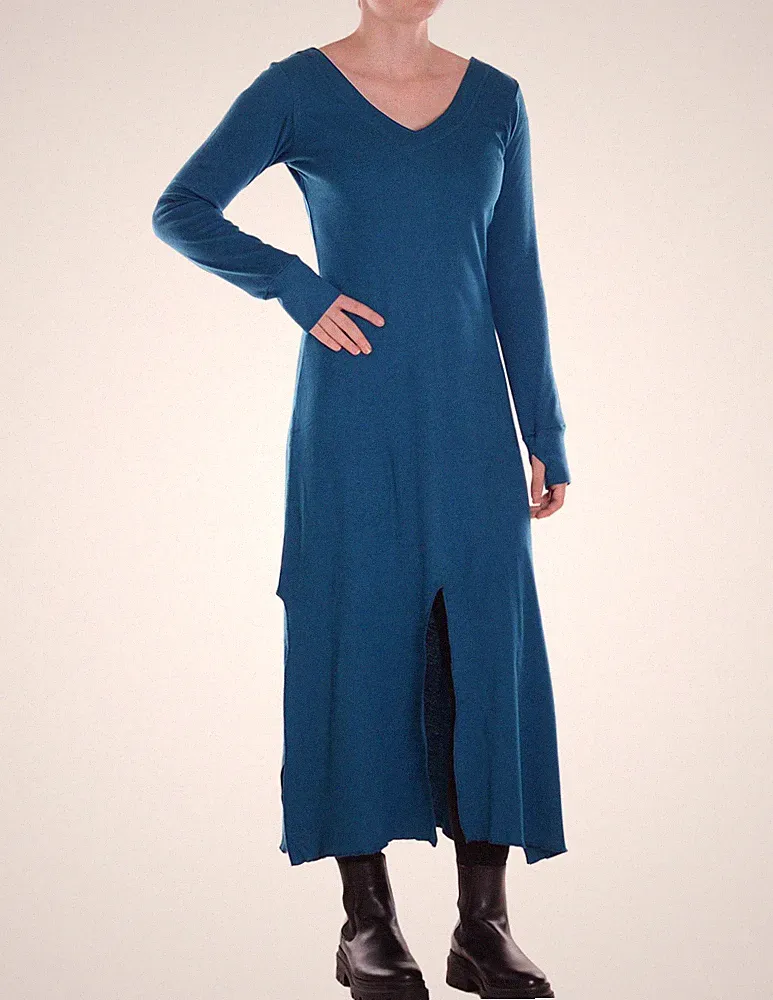 Vishes Damen Kleid Baumwolle V-Ausschnitt Daumenlöcher weich bequem einfarbig