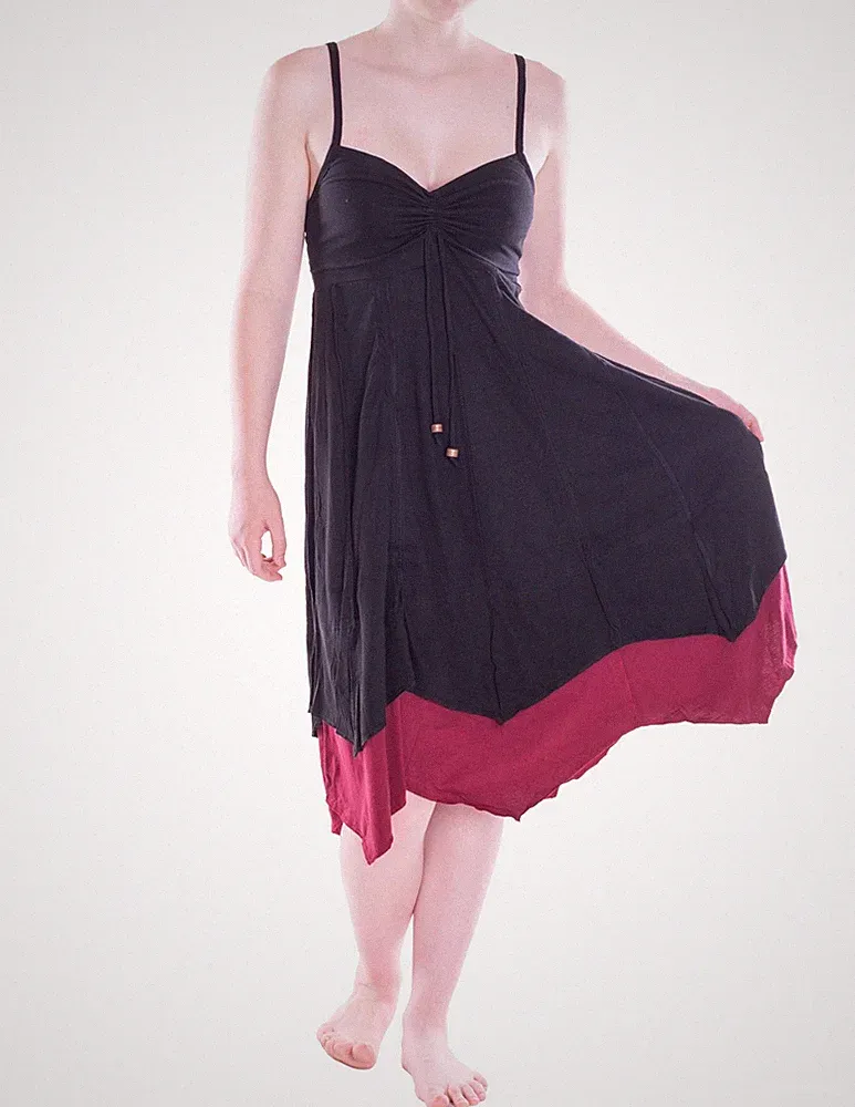 Vishes Damen Kleid Baumwolle Wadenlang A-Linie Rückenfrei Patchwork Spaghetti