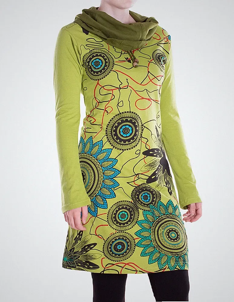 Vishes Damen Mandala Kleid Langarm Tunika Ethno Baumwollkleid für jeden Anlass