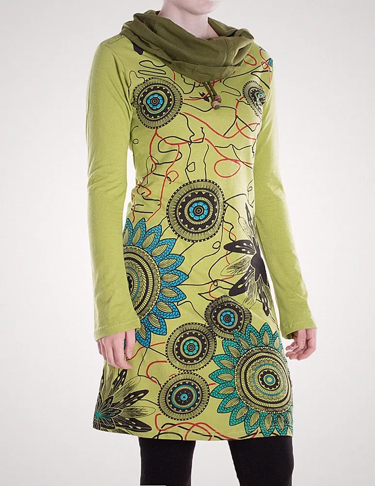 Vishes Damen Mandala Kleid Langarm Tunika Ethno Baumwollkleid für jeden Anlass