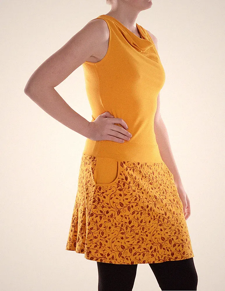 Vishes Damen Midi Kleid Baumwolle Blumenmuster Wasserfall Ausschnitt A-Linie