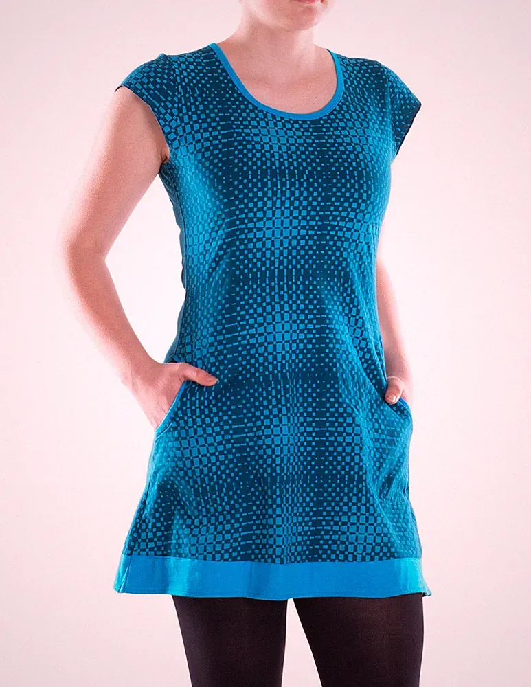 Vishes Damen Mini Kleid Baumwolle A-Linie mit Taschen Geometrisches Muster Casua