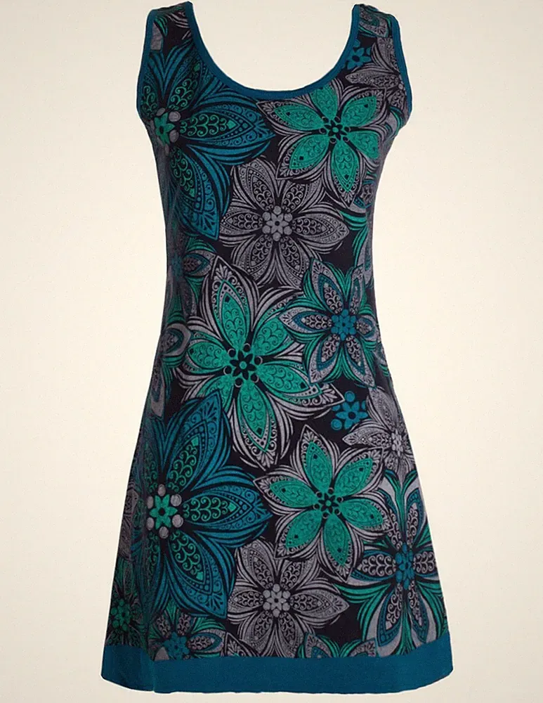 Vishes Damen Mini-Kleid Baumwolle A-Linie Rundhalsausschnitt Floral