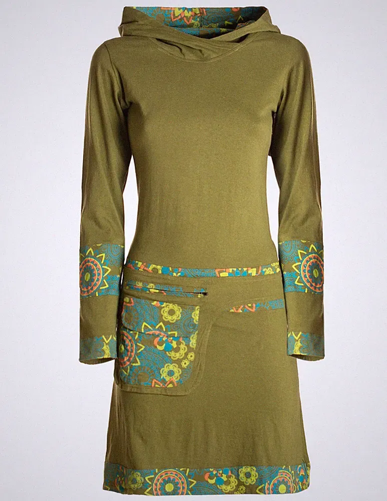 Vishes Damen mittellanges Kleid Baumwolle Blumen-Muster Hoodie Kleid mit Tasche