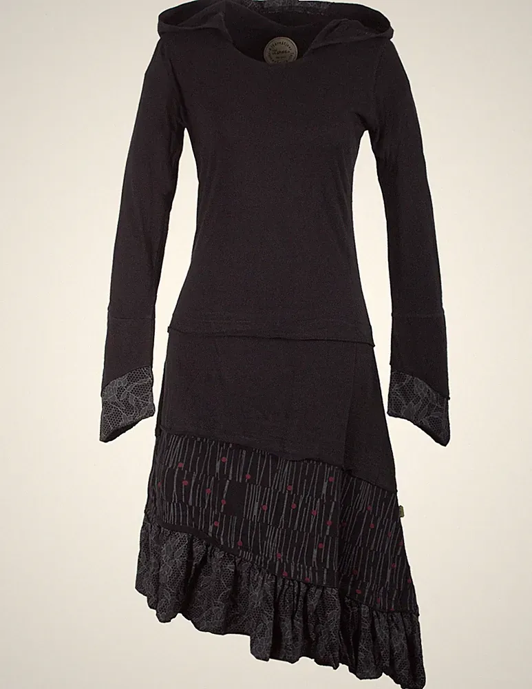 Vishes Lagenlook Langarm Patchwork Elfenkleid mit Zipfelkapuze und Rüschen