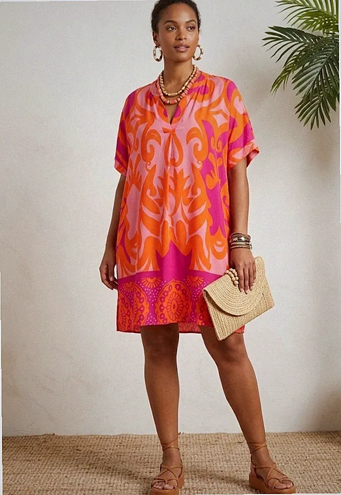 viskose Damen Kleid A-Linie kurz Kurzarm V-Ausschnitt Paisley OS