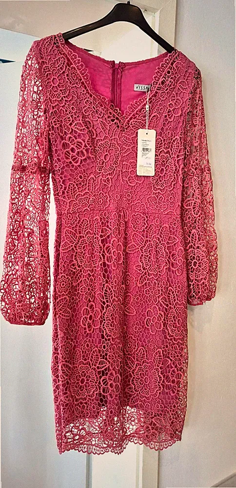 VISSAVI Damen Etuikleid Rosa floral Gr. 36 Langarm V-Ausschnitt Spitze knielang