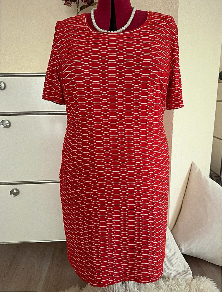 Viva Feile Etui-Kleid Gr. 46/48 rot/weiß gestreift Kurzarm Rundhals knielang