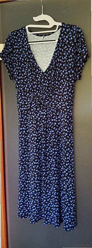 Vivance Damen Kleid A-Linie Gr. 38 schwarz/blau Blumen V-Ausschnitt Kurzarm Midi
