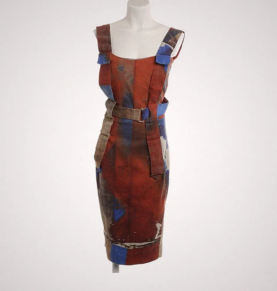 Vivienne Westwood Anglomania Damen Etuikleid Midi 44 ärmellos Gürtel abstrakt