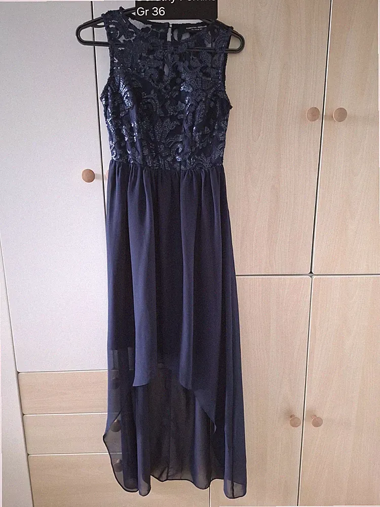 Vokuhilakleid Blau mit Pailletten Abendkleid Abschlussball Hochzeitsgast Gr 36