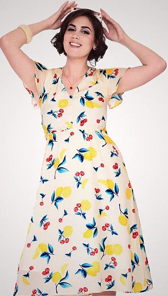 Voodoo Vixen CHERRY LEMONADE Vintage Fruits V-Neck DRESS Kleid Rockabilly