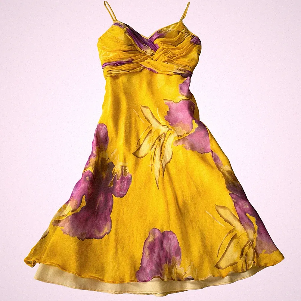 VTG Y2K CACHE YELLOW 100% SILK SLIP DRESS PURPLE FLORAL PRINT SZ 6 WEDDING GUEST