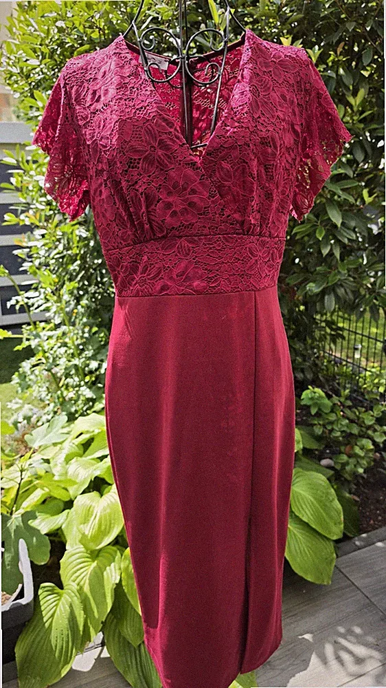 WalG Etuikleid Damen Gr L bordeauxrot Spitze Midi V-A Kurzarm Stretch RV
