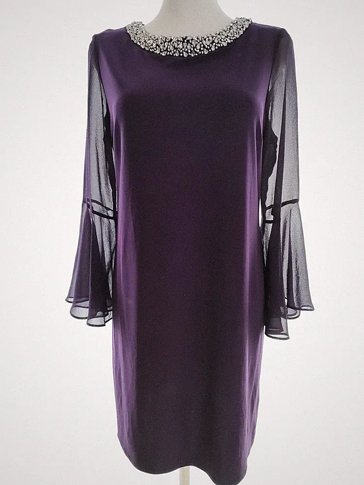 WALLIS Damen Kleid Gr. 38 Lila Langer Ärmel Kristalle Knielang Runder Ausschnitt