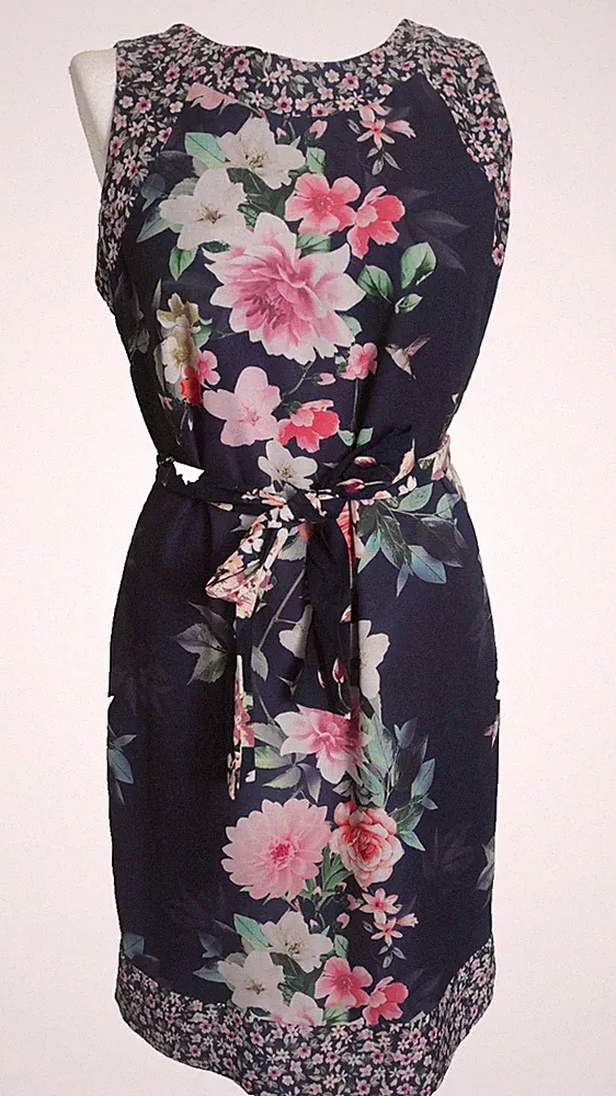 WALLIS dunkelblau Blumen Kleid UK 8 ärmellos knielang Etuikleid Gürtel gefüttert