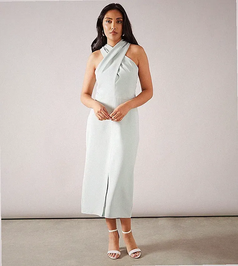 Wallis Größe 18 zierlich neuwertig Krepp Neckholder Bleistiftkleid Hochzeitsgast £50