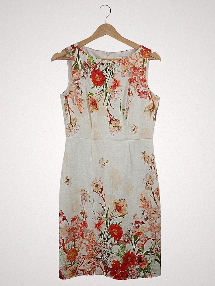Wallis Petite Etuikleid Damen Gr. 38 M Weiß Blumenmuster Viskose