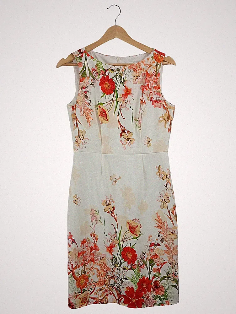 Wallis Petite Etuikleid Damen Gr. 38 M Weiß Blumenmuster Viskose