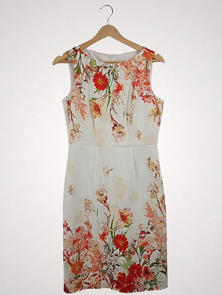 Wallis Petite Etuikleid Damen Gr. 38 M Weiß Blumenmuster Viskose