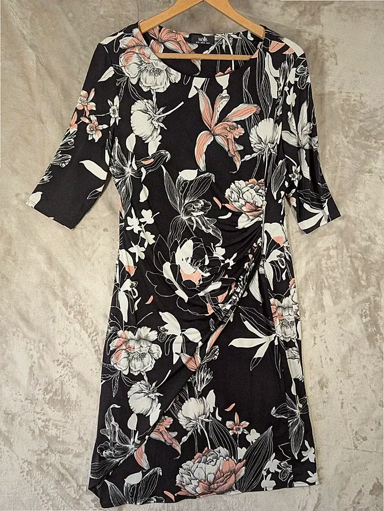 Wallis UK 16 schwarz Blumen gerafft Seitenreißverschluss Wackelkleid Stretch Hochzeit Gast Par