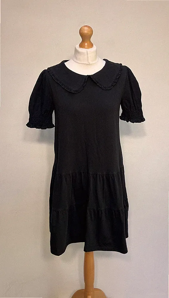 Warehouse Kleid Damen UK 10 Schwarz Peter Pan Kragen Stufen Baumwolle Kurzarm