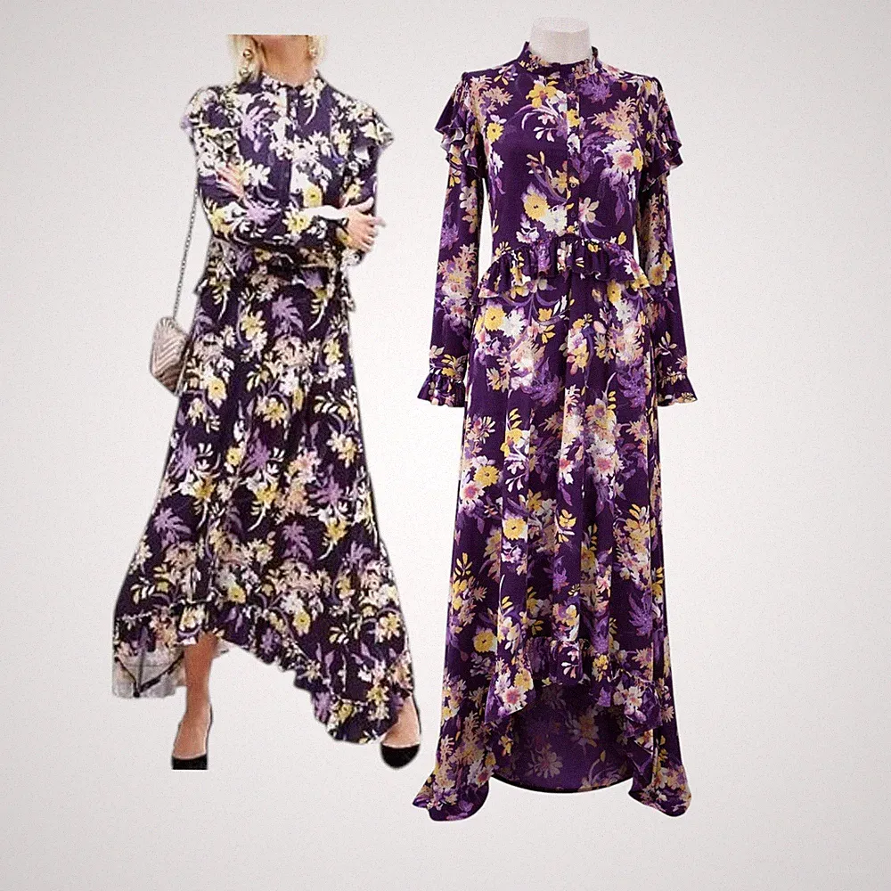 Warehouse Maxikleid lila Blumen Rüschenärmel Hochzeit Gast Anlass UK 8