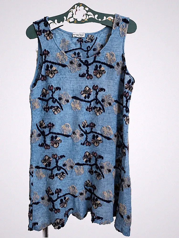 Waschbär Kleid Leinen Wolle Gr. 44 L Blau Floral Naturmode Öko Tunika ärmellos