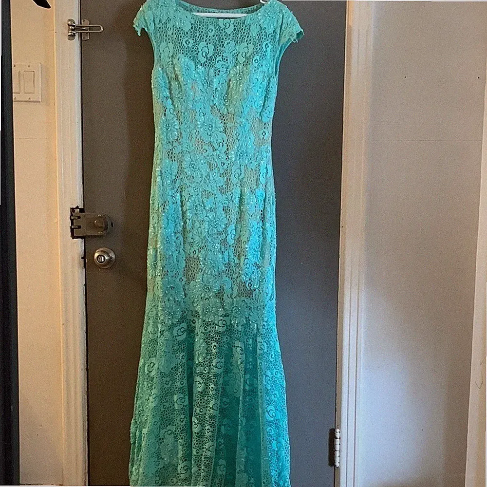 Wedding guest prom evening mermaid fairy beaded maxi Turquoise Lace Dress