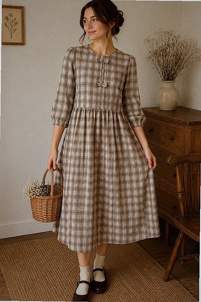 Wednesday's Girl Damen Midikleid M kariert Baumwolle A-Linie Puffärmel Knopf