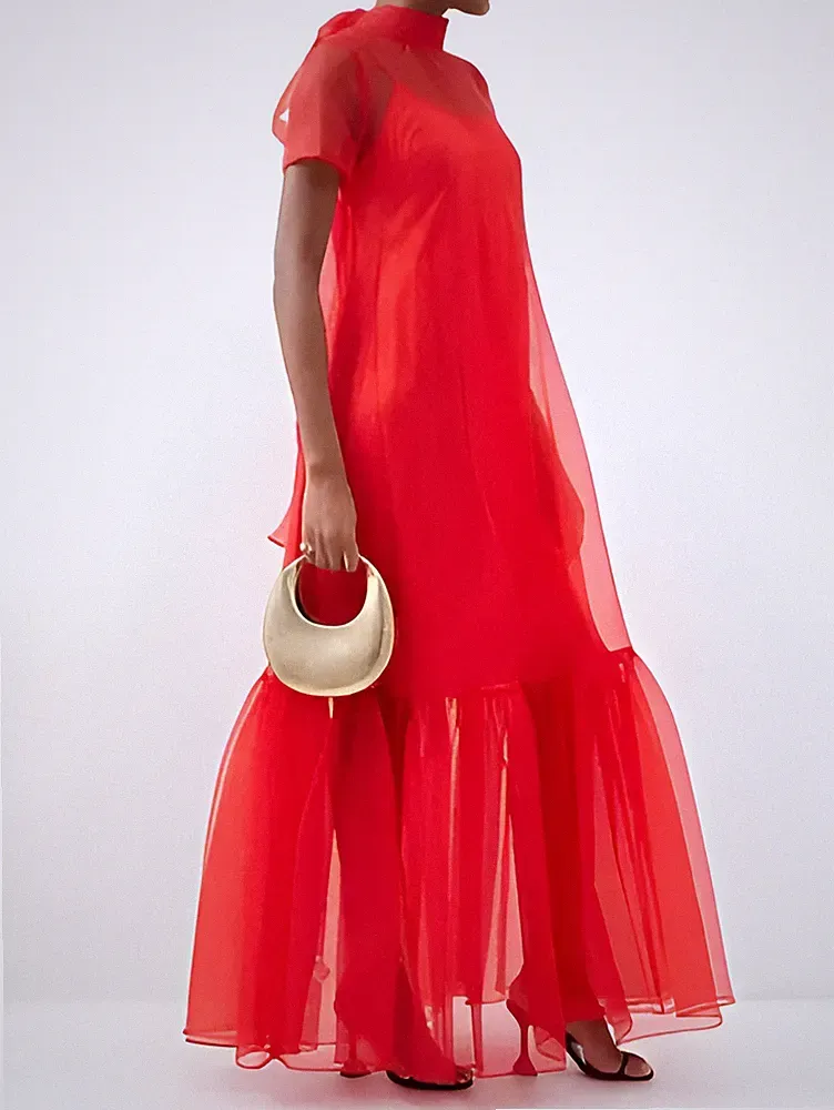 Weihnachten Hoher Kragen Rot Organza Maxi Kleid Brautjungfer Hochzeit Gift für