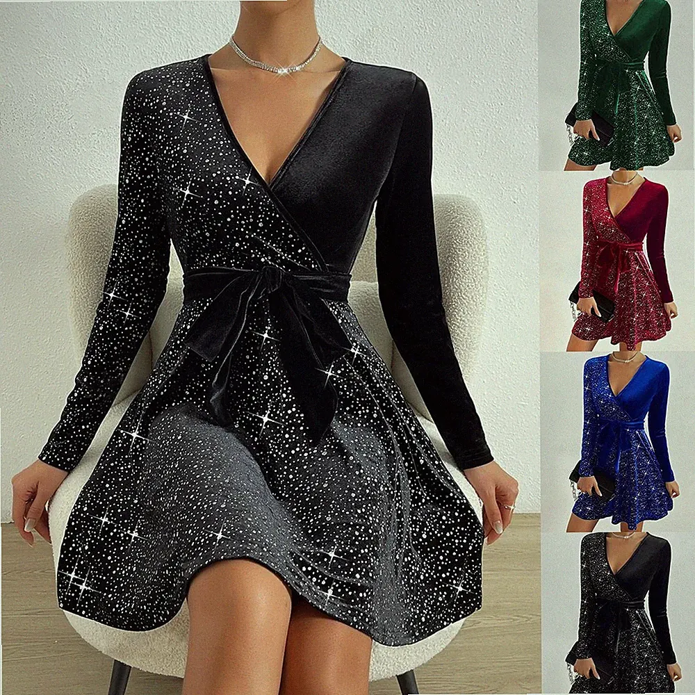 Weihnachtskleid Damen Sexy Samt Partykleid Abendkleid V-Neck A-Linie Minikleid