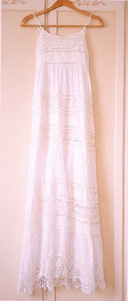 Weißes langes Kleid Baumwolle mit Spitze Gr. S/M elegantes Sommerkleid Maxi Damen