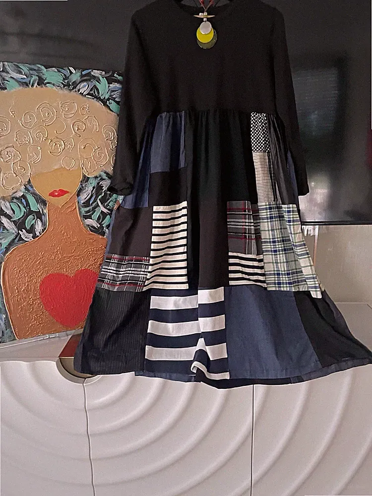 Wendy Trendy Damen Patchwork A-Linien Kleid Midi Langarm Rundhals Gr. L/XL