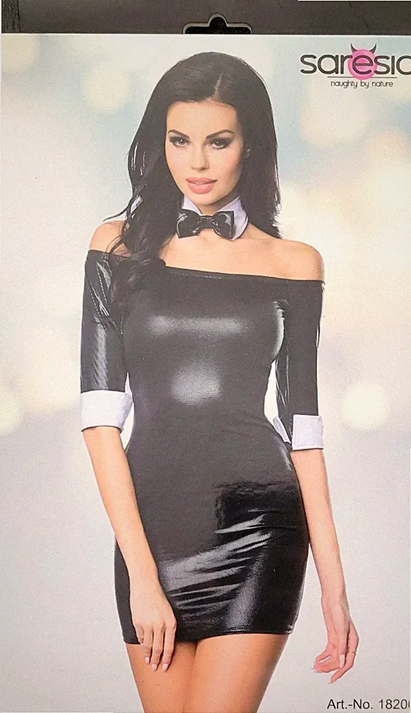 Wetlook-Minikleid mit Schleife Schwarz/Weiß Größe XS SARESIA 18200