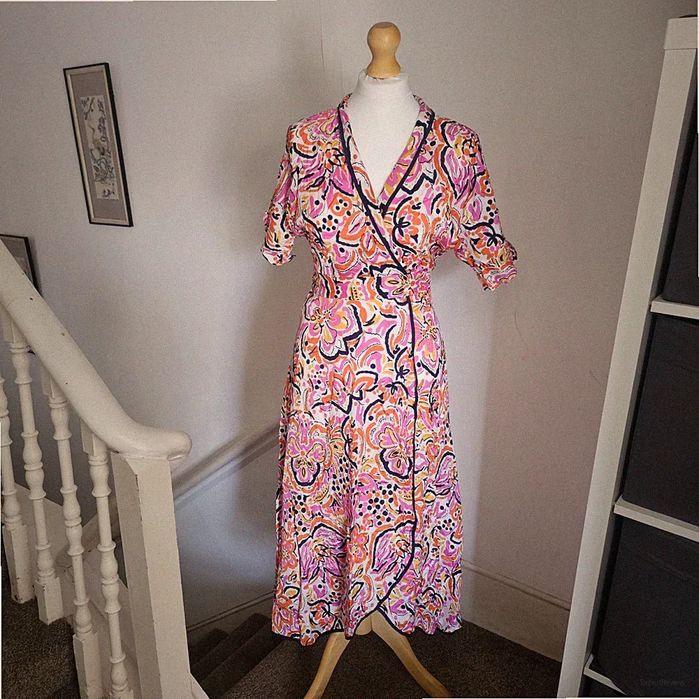 Whistles Art Floral Wickelkleid UK 8 Rosa / Multi Midi 60er Retro Hochzeitsgast