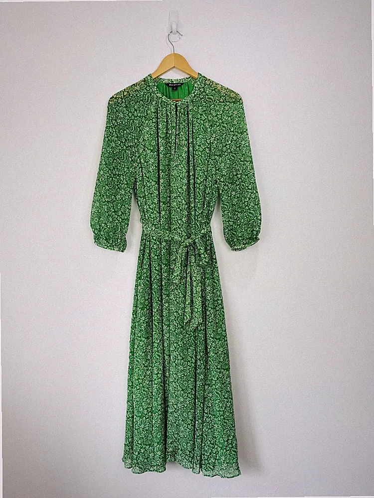 Whistles Kleid Damen Größe 12 Grün Blumenmuster Midi Chiffon 3/4-Ärmel Gürtel Relaxed