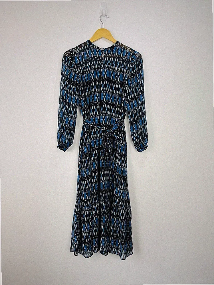 Whistles Kleid Damen Größe 8 Blau Midi Chiffon Taschen Rundhalsausschnitt 3/4-Ärmel Gürtel