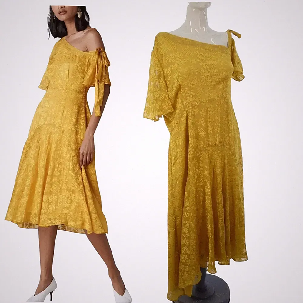 Whistles Kleid Seide Midi Devore gelb One Shoulder Aina Hochzeitsgast UK 14
