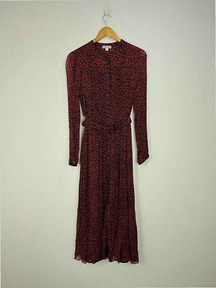 Whistles Shirtkleid Damen Größe 10 rot schwarz Midi geknittert Chiffon Gürtel Knöpfe