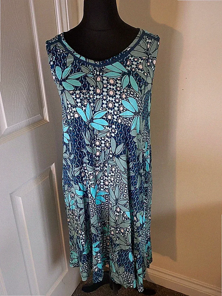 WHITE STUFF ärmelloses Tunika-Kleid Größe 8 blau Blumenmuster Botanik-Druck Sommer
