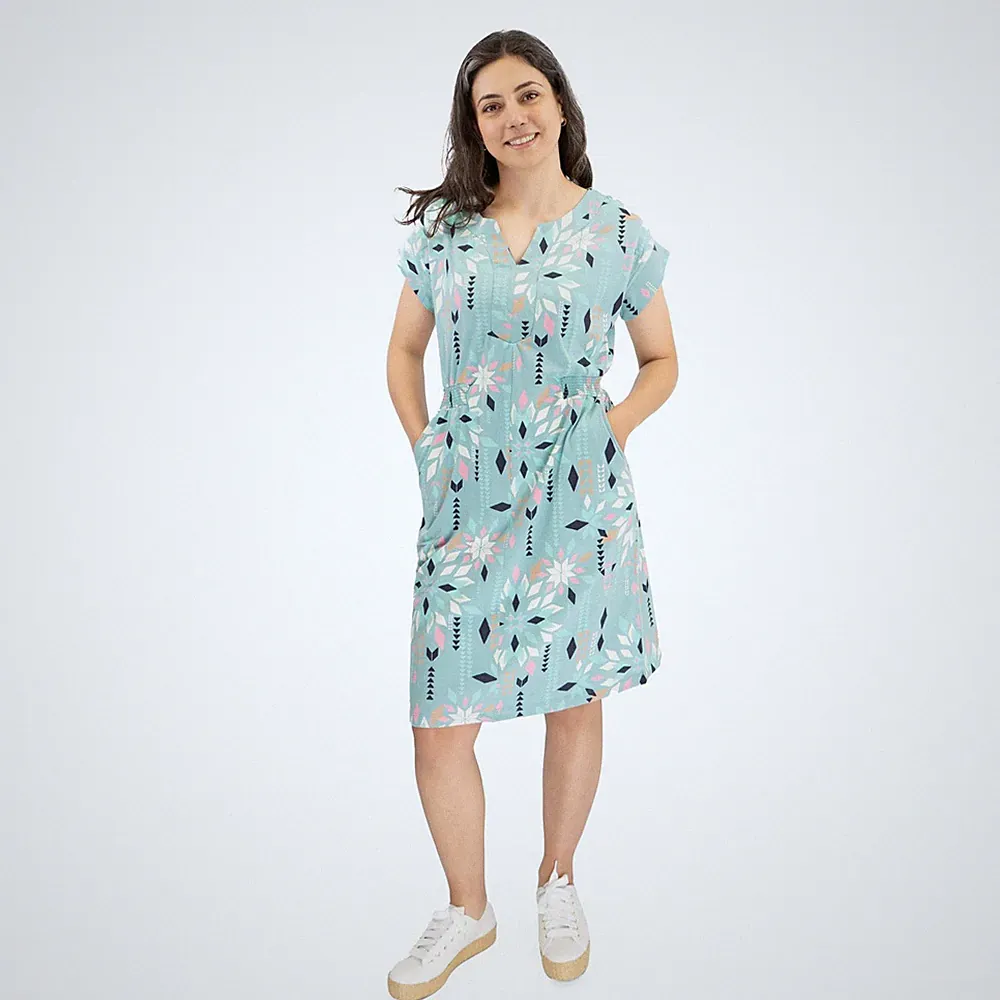 White Stuff Damen Kleid türkis blau Penny Baumwolljersey Gummizug Sommer