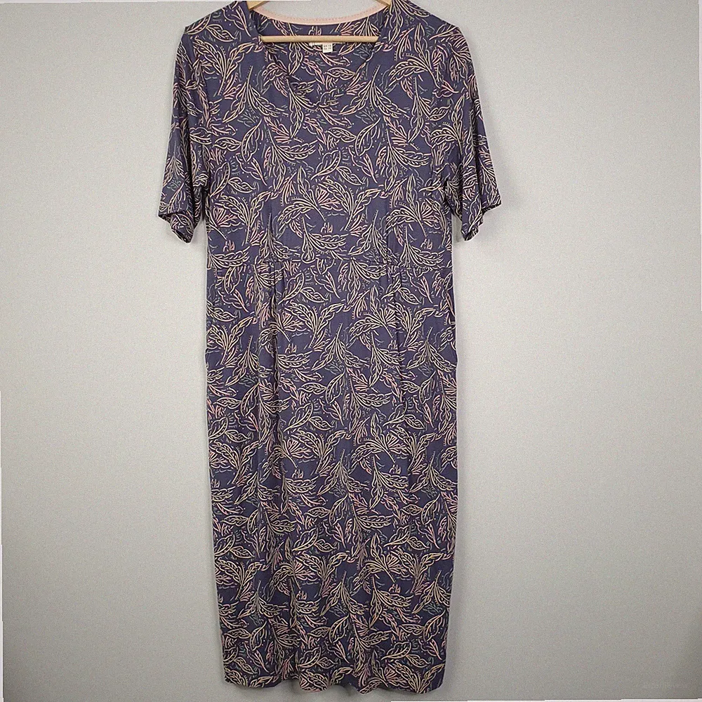 White Stuff Kleid Damen UK 12 blau Blätterdruck Jersey Midi Taschen lockere Passform