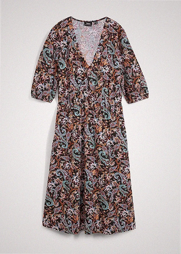 Wickelkleid in A-Linie Gr. 52/54 Schwarz Paisley Stretch-Kleid Casualkleid Neu