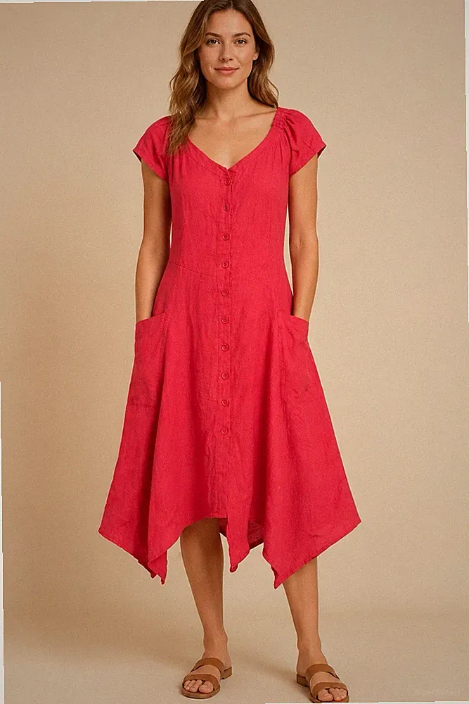 William de Faye Damen Leinenkleid Gr. 40 Rot Knopfleiste Taschen Asymmetrisch