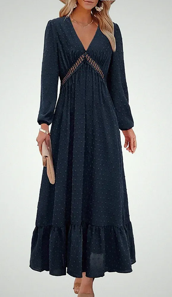 Women's Wedding Guest Dress Elegant Lace V Neck Long Sleeve Ruffle (Medium Size)