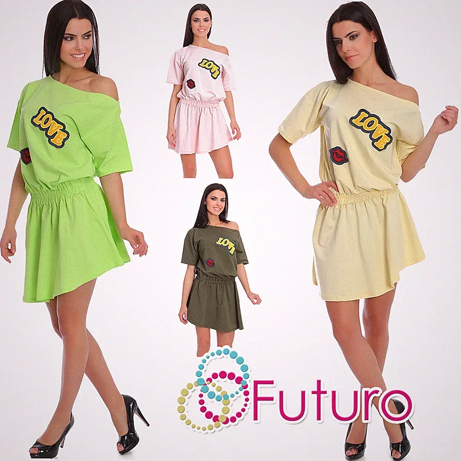 Womens asymmetrischen Skaterkleid Love Aufdruck U-Boot-Ausschnitt Sommer-Tunika